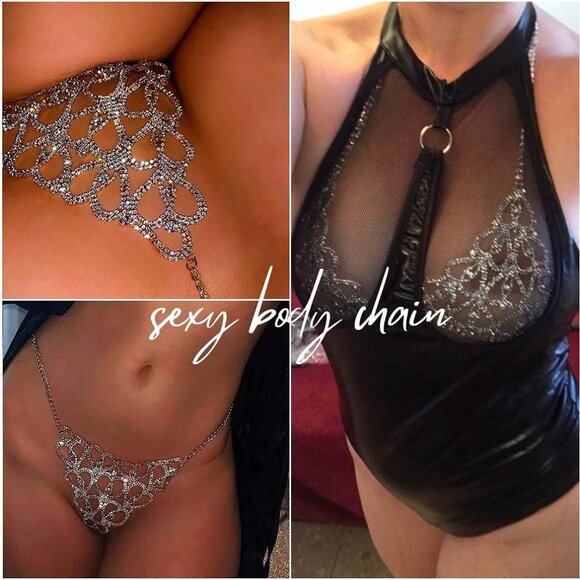 Rhinestones Body Chain Suit Silver Crystal Bikini Bra Underwear Sexy Sparkly Par - Picture 5 of 7